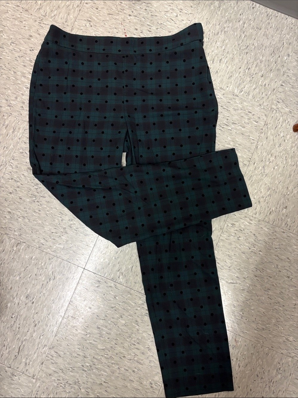 Woman’s Plaid Polka Dot Dress Pants in Dark Green and Black